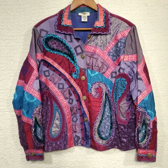 Vintage Sandy Starkman Jacket Women XL Burgundy Pink Blue Paisley Patchwork Boho - Picture 1 of 16